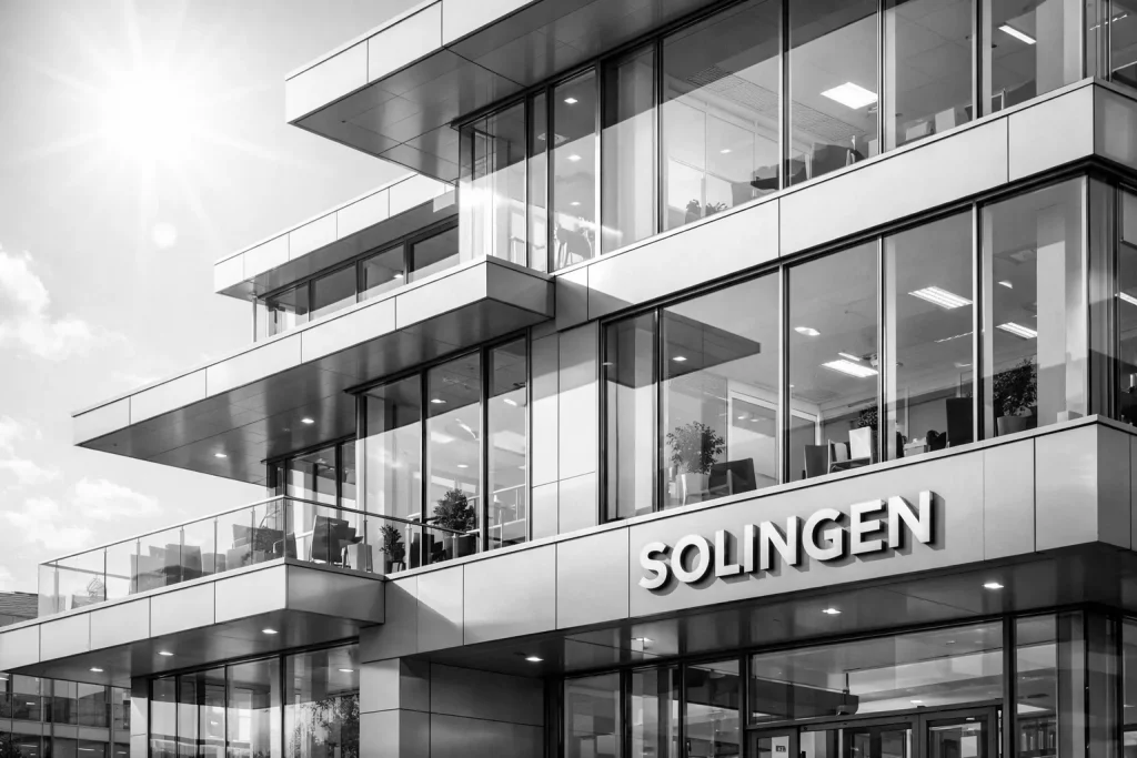 Moderne Bürofassade mit großen Glasfenstern und "Solingen"-Schild, Büroarbeitsplätze im Inneren, sonniger Himmel.