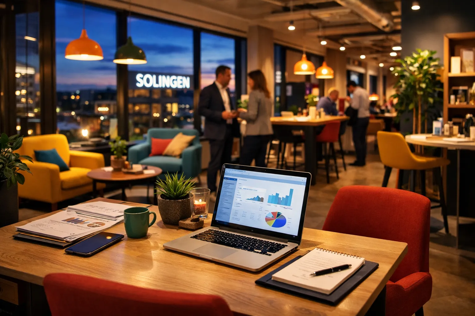 Ein coworking-Space am Abend mit Laptop, Notizbuch, Kaffeetasse, Pflanzen, während im Hintergrund Geschäftsleute sprechen.
