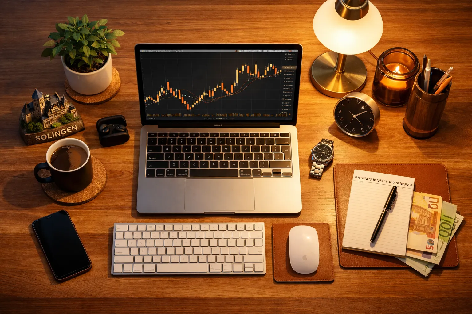 Ein Arbeitsplatz mit Laptop, Smartphone, Tastatur, Maus, Notizbuch, Geld, Kaffee, Pflanzen, Uhr, Lampe und Stifte auf einem Holztisch.