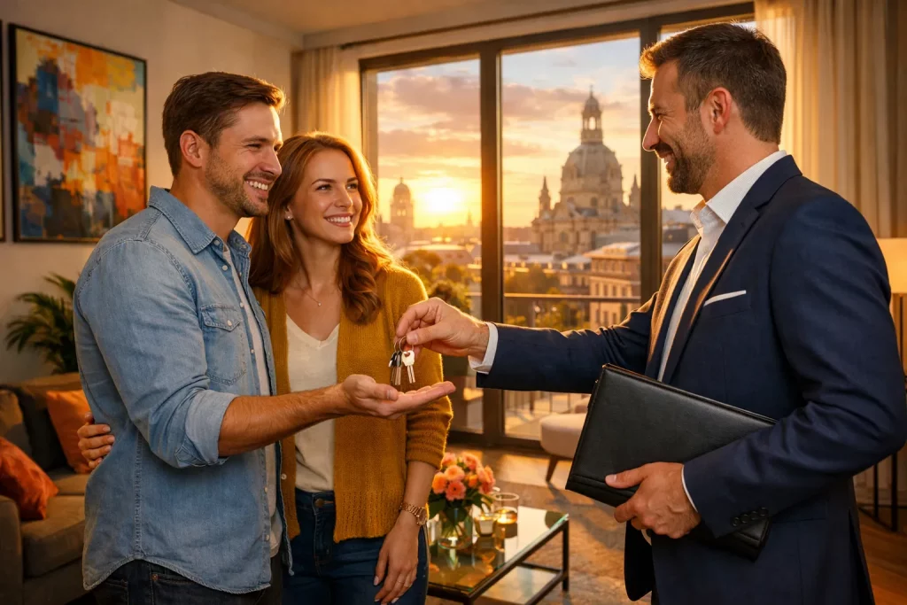 Ein Mann übergibt einem Paar in einer Wohnungsschlüssel, im Hintergrund eine Stadt bei Sonnenuntergang. Fröhliche Szene.