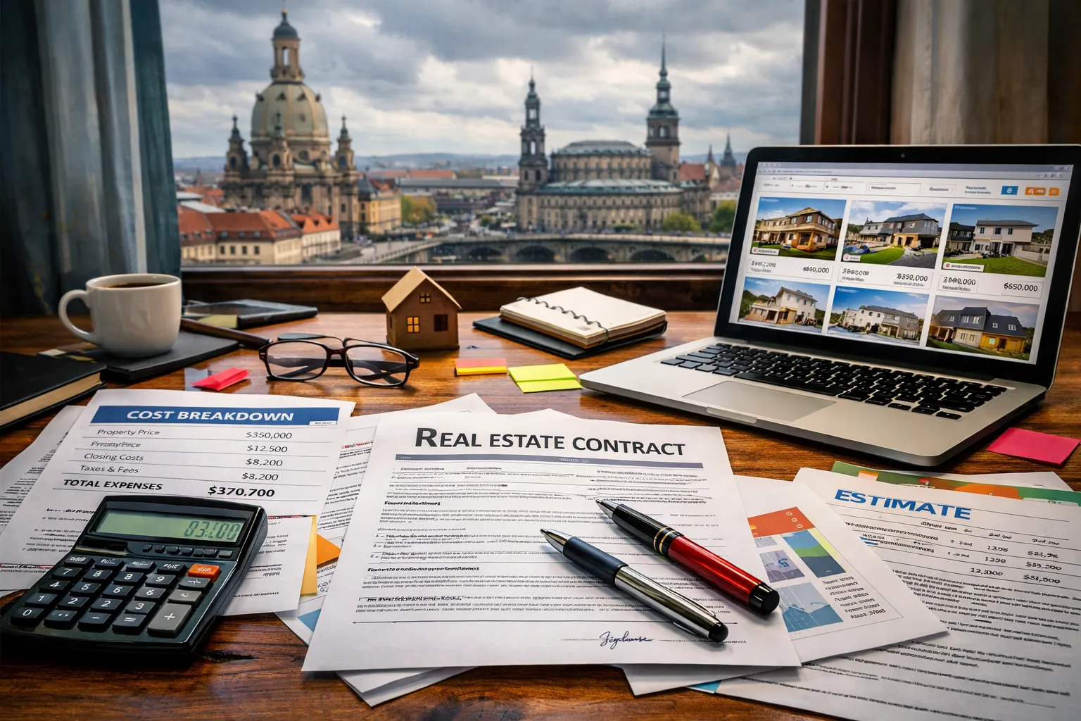 Büro mit Papieren, Stiften, Taschenrechner und Laptop, im Hintergrund Stadtblick auf Dome und Türme. Für Immobilien- oder Finanzarbeit.
