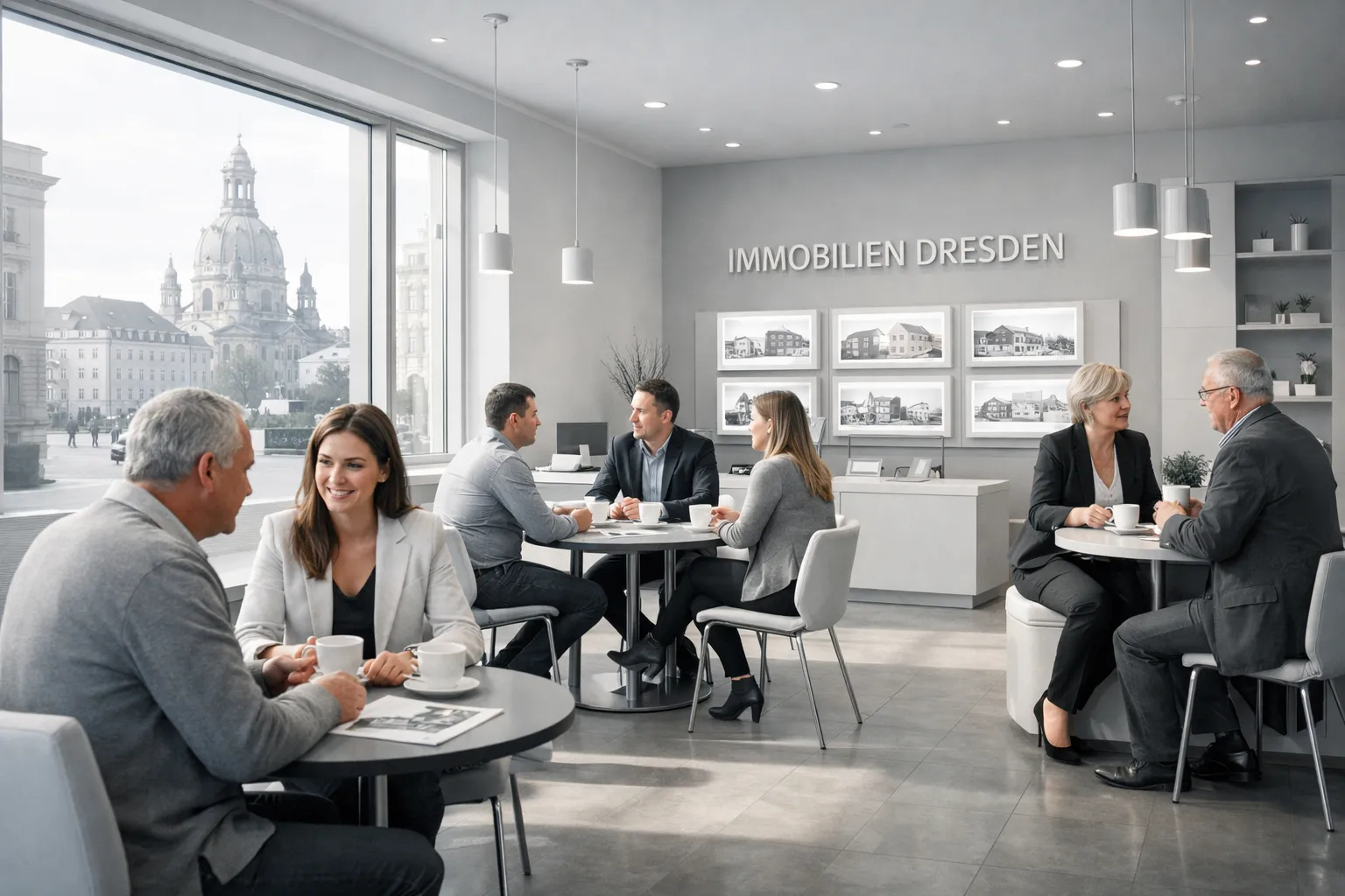 Menschen sprechen in einem modernen Büro. Es sind drei Paare, die Kaffee trinken, mit Blick auf das Stadtzentrum. Mittendrin steht „IMMOBILIEN DRESDEN“.