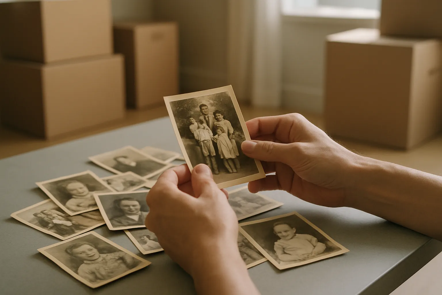 Person hält altes Schwarz-Weiß-Foto mit einer Familie, weitere Fotos liegen auf einem Tisch, im Hintergrund Kartons in einem Raum.