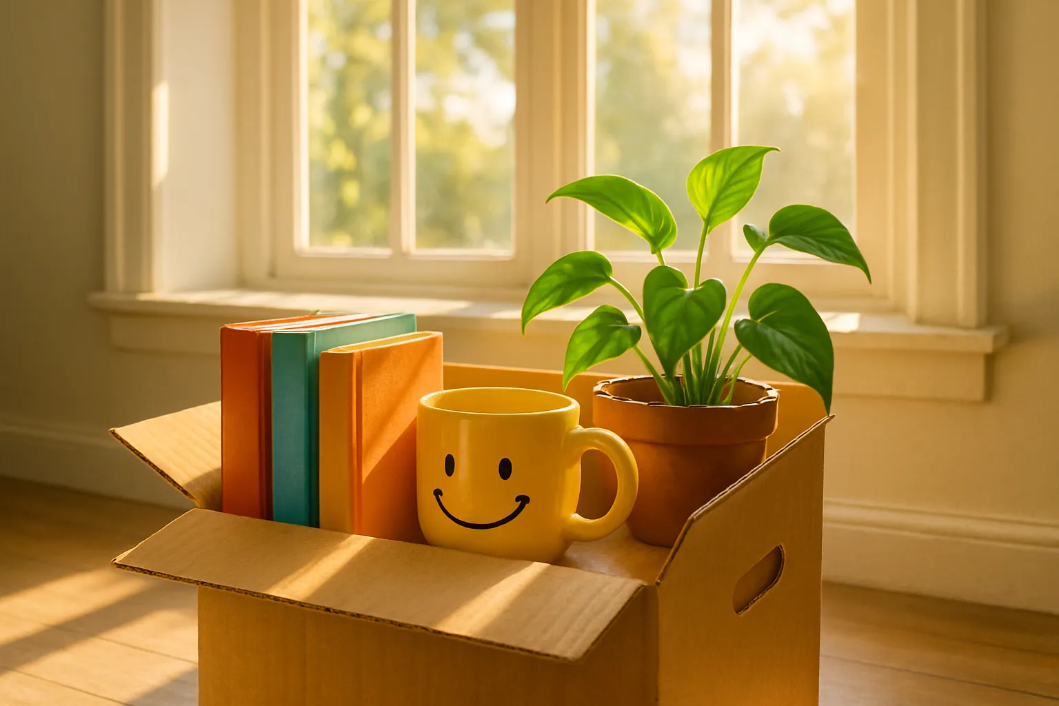 Ein Pappekoffer mit Büchern, einer Kaffeetasse mit Smile-Gesicht und einer Topfpflanze steht vor einem Fenster, Sonnenlicht fällt herein.