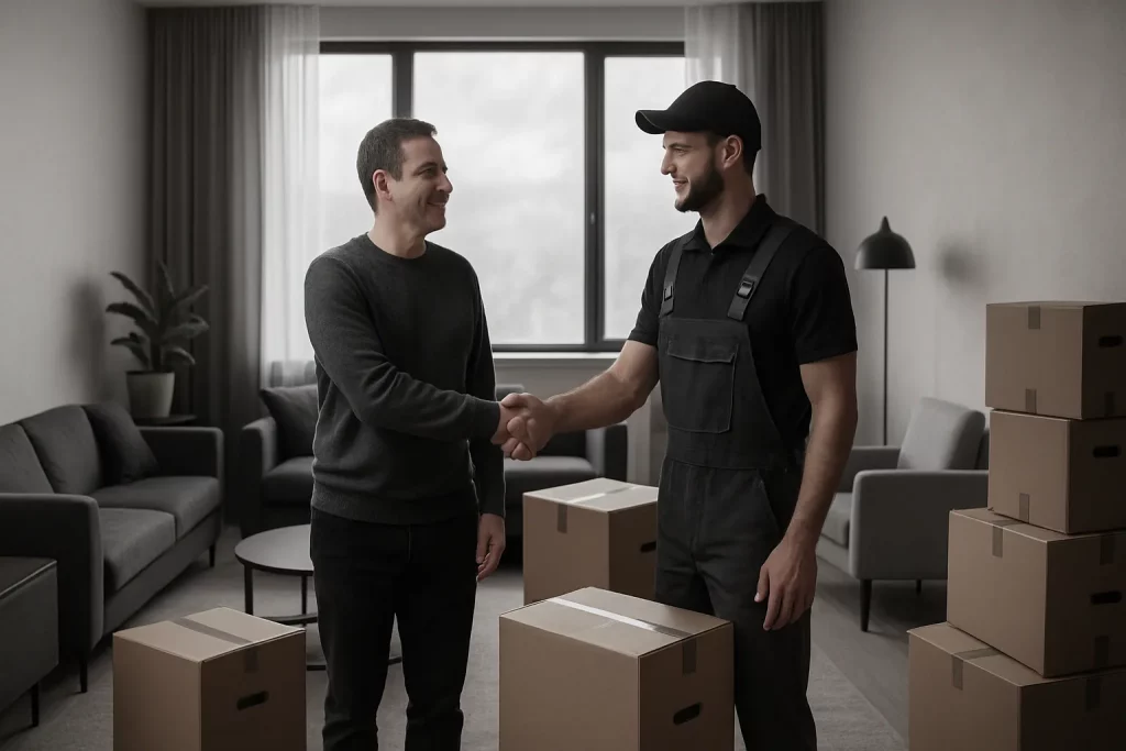 Zwei Männer schütteln sich die Hand in einem Wohnzimmer, umgeben von Kartons, wahrscheinlich Umzugshelfer und Kunde.