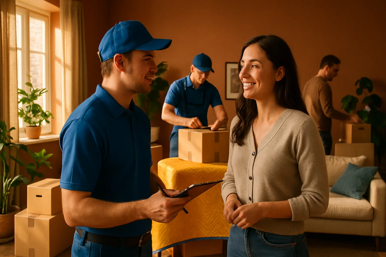 Ein Mann im blauen Outfit spricht lächelnd mit einer Frau in einem Wohnzimmer. Im Hintergrund packen andere in Kartons ein.