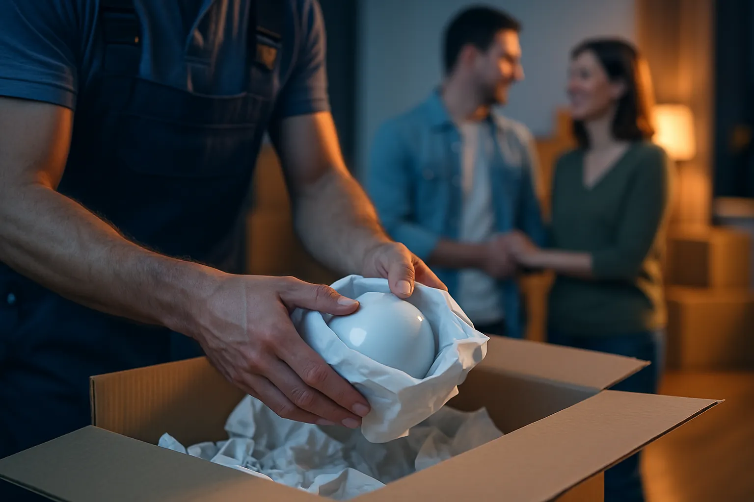 Ein Mann packt ein Geschenk mit einem weißen, glänzenden Gegenstand in eine Box, während ein Paar im Hintergrund lächelnd zuschaut.