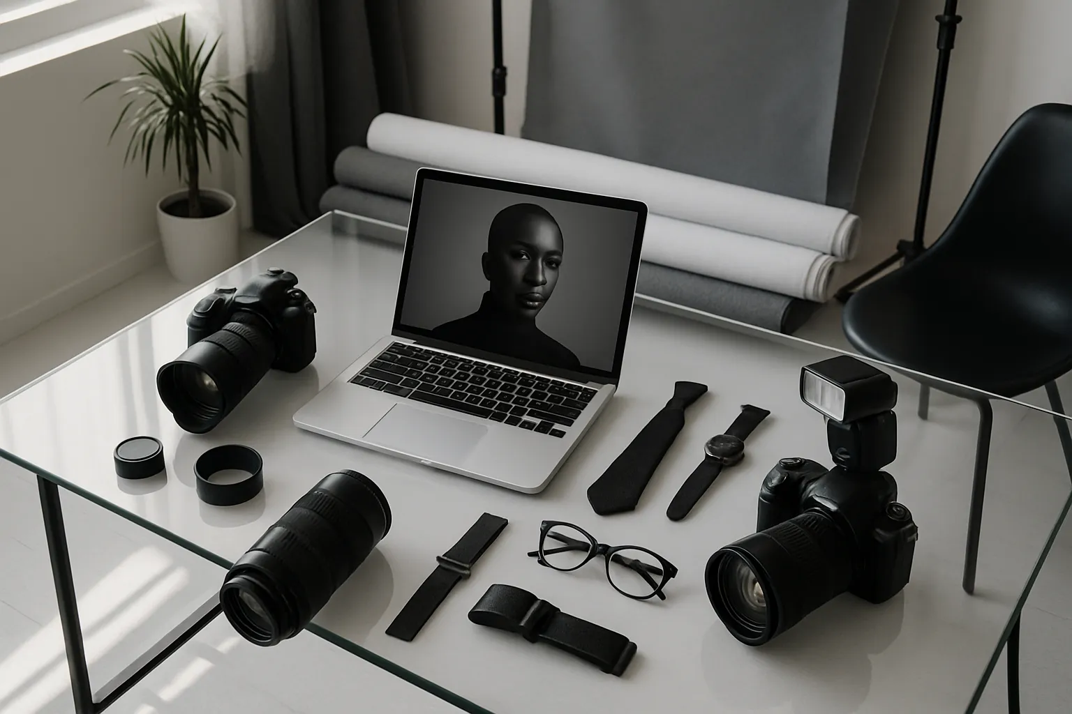 Ein Foto von einem weißen Tisch mit Kamera-Ausrüstung, Laptop, Brille und Uhren. Im Hintergrund schwarze Rollos und Pflanzen.