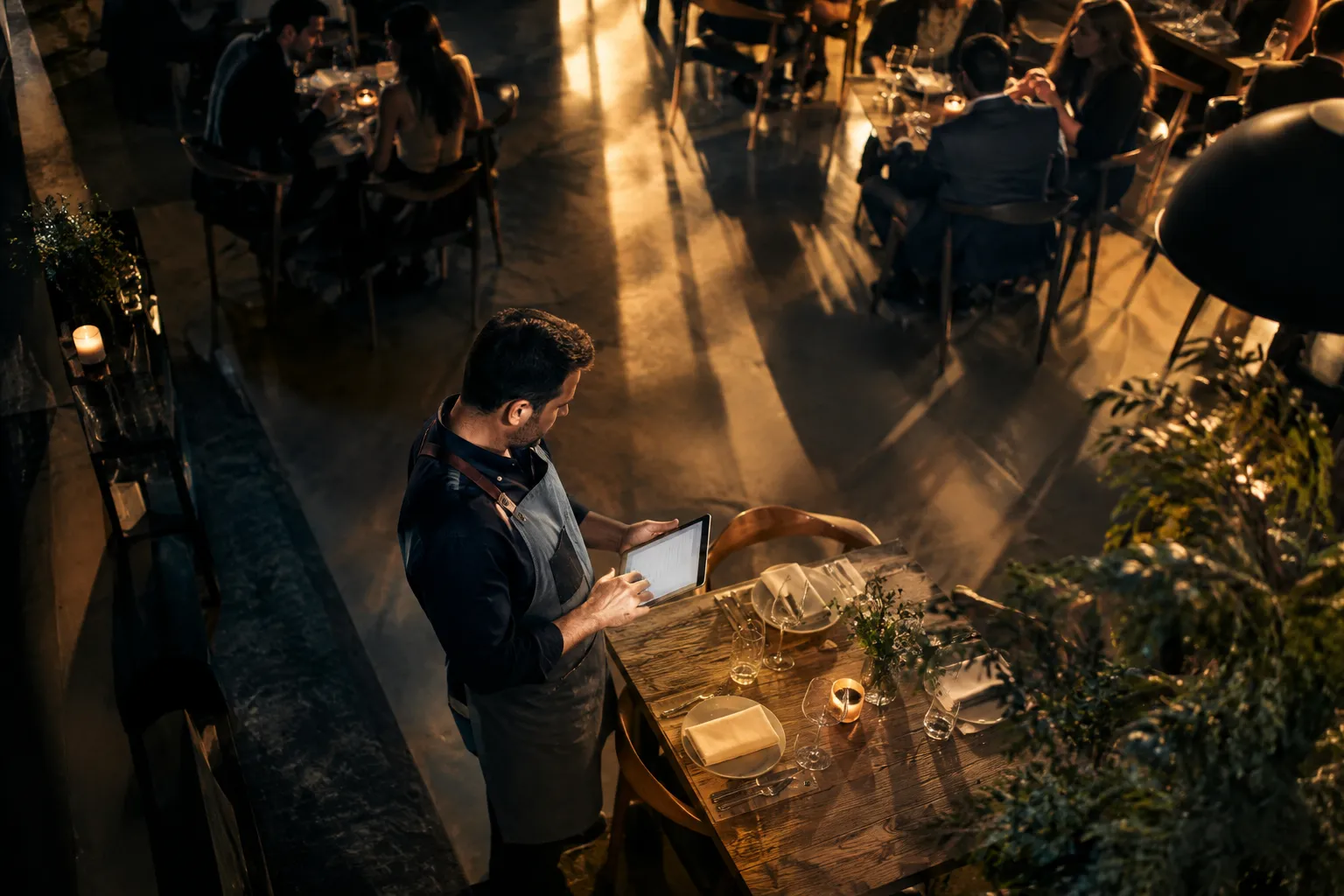 Ein Kellner prüft mit einem Tablet einen gedeckten Tisch in einem stimmungsvoll beleuchteten Restaurant, während Gäste im Hintergrund essen.
