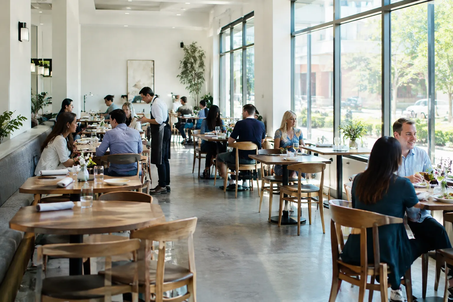 Helles Restaurant mit großen Fenstern: Gäste sitzen an Holztischen und essen, während ein Kellner Speisen serviert.